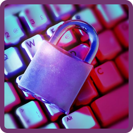 A purple hue lights up a padlock, sat upon a digital PC keyboard.