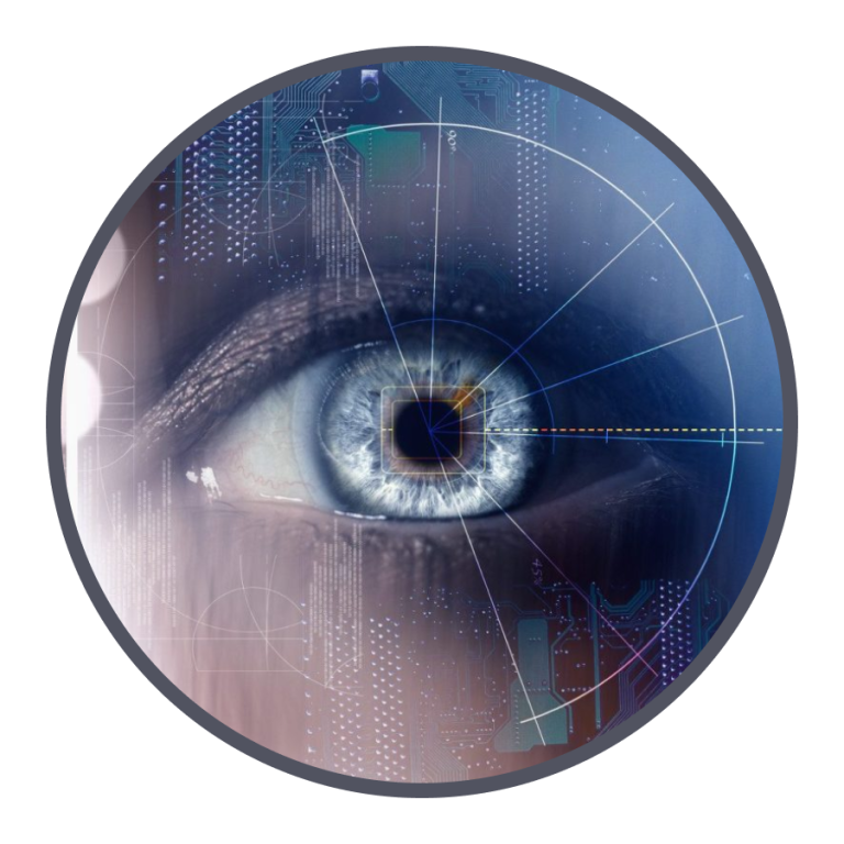 An eye with a protractor style graphic showing a focus on digital technology. Representing the Technology Audit pillar.